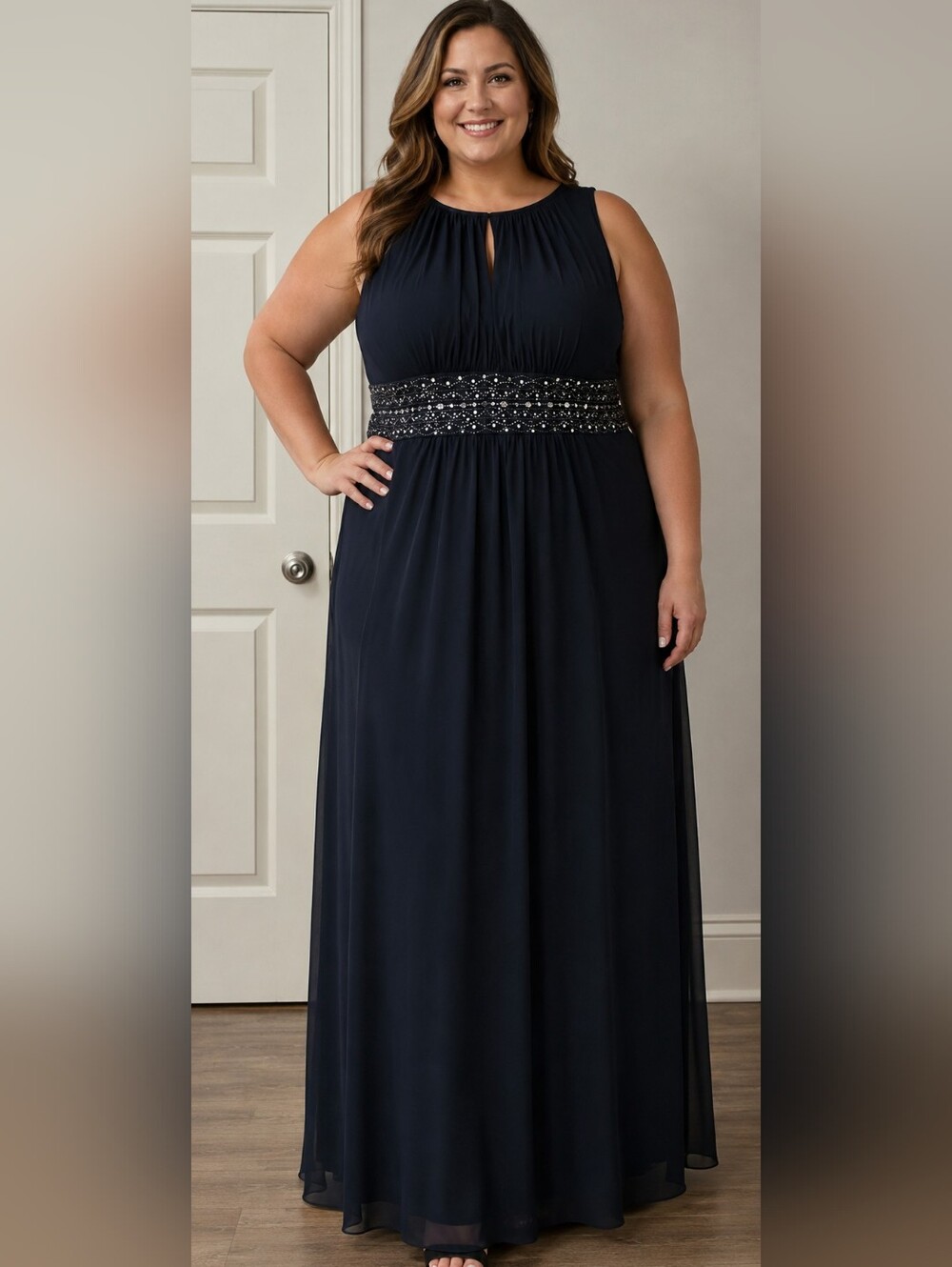 Jessica Howard Elegant Navy Maxi Dress with Beaded Waistband
